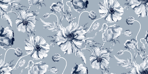  Seamless solid color light gray-blue floral pattern with poppies and buds painted with watercolor in vintage style for surface design textiles