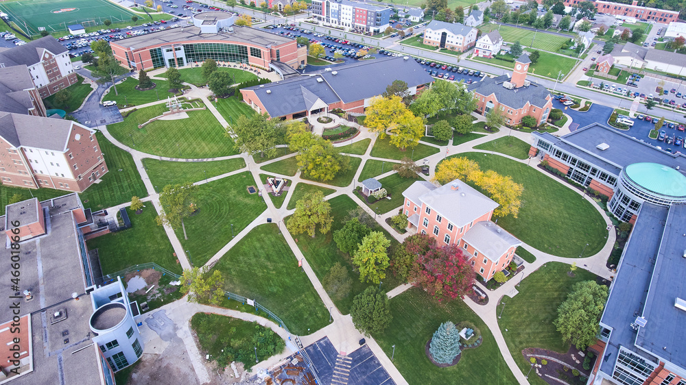 Aerial of grounds of college campus in northeast Indiana Stock Photo ...