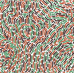 Abstract seamless pattern with random dashed lines in traditional African colors - red, black, green on white background. Ethnic backdrop for Kwanzaa, Black History Month, Juneteenth