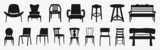 Fototapeta  - Black chair silhouettes group. Chair, table, bench & Seating icons set Vector illustration