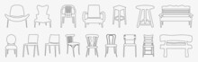 Black Chair Silhouettes Group Line Icon. Chair, Table, Bench & Seating Icons Set Vector Illustration