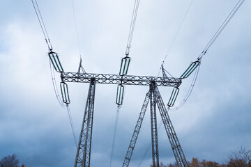 High voltage electricity line. Bottom view. Background, texture.