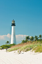 Front View, Far Distance Of A Functioning, Tropical, White, Lighthouse On Tip  Of A Tropical Island 