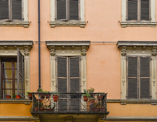 Wall Mural - Detail of the façade of an old building with architectural details in Art Nouveau style, Parma, Emilia-Romagna, Italy