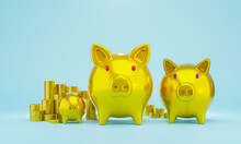 3D Render Saving Pig Family With Gold Coin Isolated On Blue Background Business,financial And Banking Concept