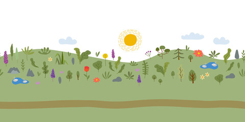 Sticker - Summer meadow with flowers. Horizontal Seamless Background for your design