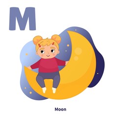 Sticker - English alphabet with cartoon cute children illustrations. Kids learning material. Letter M. Cute girl sitting on the moon.
