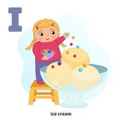 Sticker - English alphabet with cartoon cute children illustrations. Kids learning material. Letter I. Cute girl decorate ice cream.
