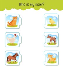 Sticker - Matching children educational game. Who is my mom? Activity for pre sсhool years kids and toddlers. Mothers animals and their babies.
