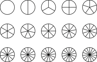 circles divided in segments from 1 to 15 isolated on white background. pie or pizza round shapes cut