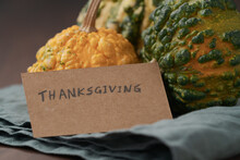 Warty Pumpkins With Thanksgiving Card Closeup