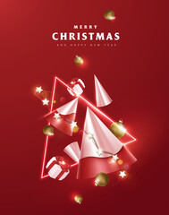 Merry Christmas poster banner with Falling gift box and festive decoration on red background