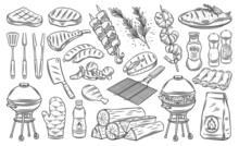 BBQ Party Outline Icons Set, Barbecue, Grill Or Picnic. Grilled Salmon, Sausage, Vegetables, Meat Steak And Shrimp Drawing Monochrome Illustration. Hand Drawn Barbecue Tools.