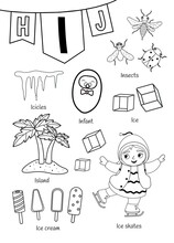 English Alphabet With Cartoon Cute Children Illustrations. Kids Learning Material. Letter I. Illustration,insects, Icicles, Island, Ice Cream. Outline Collection.
