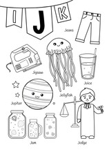 English Alphabet With Cartoon Cute Children Illustrations. Kids Learning Material. Letter J. Illustration,jigsaw, Jeans, Jellyfish, Judge, Jupiter, Jam. Outline Collection.
