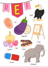 English Alphabet With Cartoon Cute Children Illustrations. Kids Learning Material. Letter E. Illustration,eagle, Elephant, Easter Eraser, Easel.
