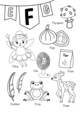 English Alphabet With Cartoon Cute Children Illustrations. Kids Learning Material. Letter F. Fairy Illustration, Fig, Fan, Fawn, Fly Agaric, Frog. Outline Collection.