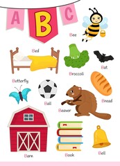 English alphabet with cartoon cute children illustrations. Kids learning material. Letter B. Illustrations bee, bed, beaver, barn, broccoli, ball. 
