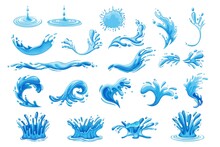 Water Drops. Current Drops, Waves, Tears And Spray. Splashes Or Spill Water Elements, Isolated Vector Illustration.
