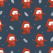 Christmas Seamless Vector Pattern With Cute Hand Drawn Smiling Snowman Face. Kawaii Holiday Background For Kids Room Decor, Nursery Art, Print, Fabric, Wallpaper, Wrapping Paper, Textile, Packaging.