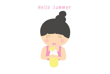 Wall Mural - Hello summer concept, cute girl drinking juice in summer vector illustration