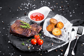 fried meat steak, with coarse salt, fried fries or idaho fries, sauce or ketchuk in a white bowl, a plate of vegetables with a cloth and a wooden board on a black isolated background