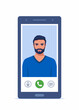 © Alena - Video call on smartphone. Young man on smartphone screen with connection icons. Communication online using the phone. Talking through video call. Chatting online. Vector illustration.
