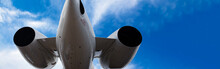 An Airplane Business Jet Tail Close-up Image On Beautiful Sky, Panoramic Image