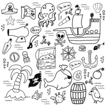 Vector Isolated Illustration Set Of Doodle Pirate Bundle.Cute Doodle Pirate Bundle, Ship, Whale, Island, Octopus, Chest. Marine Kids Theme For Fabric, Textile, Packaging
