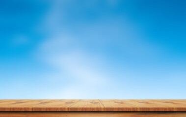 wooden table with blue sky blurred background.
