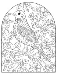 Wall Mural - Hand drawing coloring for kids and adults. Beautiful drawings with patterns and small details. Coloring pictures with bird in blooming tree branch. Arch shape, letter 8.5 x 11 format. Vector