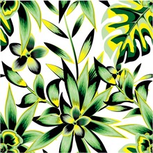 Colorful Fashionable Prints Texture With Tropical Monstera Leaves And Frangipani Flowers Plants Foliage Suitable For Shirt Cloth Or Textile. Floral Background. Exotic Tropics. Summer Design