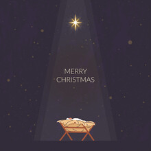 Bethlehem Star Minimalistic Background. Christmas Scene Of Baby Jesus In The Manger At Night With Big Bethlehem Star. Christian Nativity With Text Merry Christmas, Vector Banner. The Birth Of Jesus 
