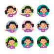 Little girl facial expressions emotions avatar set. Vector of various hands postures with different gestures such as okay, thumb up, pointing finger, waving, no idea sign.