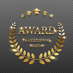 Wall Mural - gold award emblem with laurel wreath, 3d realistic golden prize badge with text, stars