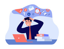 Work Overload Of Tired Employee Working Lot In Office. Excess Of Paperwork For Overwhelmed Man Flat Vector Illustration. Burnout, Multitasking Concept For Banner, Website Design Or Landing Web Page