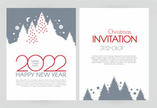 Happy New 2022 Year Flyer Design Template. Elegant White Card With Christmas Trees. Coniferous Forest
