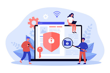 Wall Mural - Tiny people protecting social media accounts with shield. Persons networking with phone or laptop flat vector illustration. Cyber security concept for banner, website design or landing web page