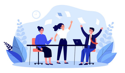 Wall Mural - team of office workers with flying paper documents around. efficient fast work of people at desk fla