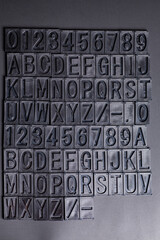 Wall Mural - letterpress alphabet and numbers on black background