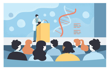 scientist speaking at conference in front of audience. male doctor speaker making scientific discove