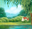 Summer landscape by the river with a house. Camping in the mountains. Digital illustration