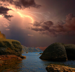 Wall Mural - Lightning flashes over the rocky coast of the Black Sea during a thunderstorm.  A storm with lightning near the Black Sea coast, near Koktebel. Karadag mountain range. Dramatic stunning mood