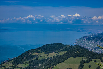 Picturesque views of the Alps from the pass Col de Jaman. The Col de Jaman (1,512 m) -a mountain pass in the western Swiss Alps. Canton of Vaud, Switzerland.