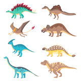 Fototapeta Dinusie - Dinosaurs vector Set. Spinosaurus, Pterodactyl, Triceratops, Parasaurolophus, Ankylosaurus, Brachiosaurus, Tyrannosaurus