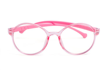 Pink frame eyeglasses for kid on white background.