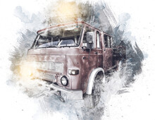 Vintage Commer Fire Engine - Truck Parked In Road, Illustration, Drawing, Sketch, Vintage, Art, Painting, Vintage, Antique, Retro
