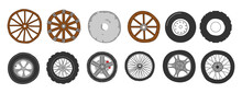 Transport Wheels. Doodle Car Motorcycle And Bicycle Tires. Different Auto Rims And Tyre Types. Ancient Cartwheels. Wooden Metal And Stone Circles Invention. Vector Vehicle Parts Set