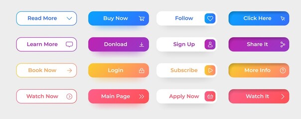 action button. website and application interface elements. buy now share follow click and sign up we