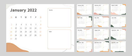 Calendar 2022 template. 2022 calendar planner template set. Week starts on sunday. Vector illustration.